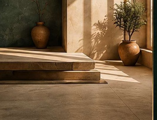 Finished stone steps in low sun